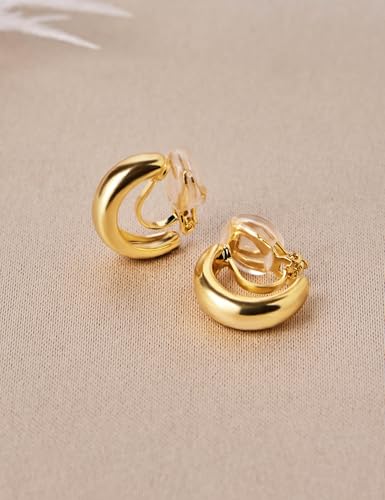 FAN&LOUIS Gold Clip On Hoop Earrings,14K Gold Plated Chunky Gold Small Huggie Hoops Clip-On Earrings for Women│Small Wide Round Hoop Clip On Earrings2