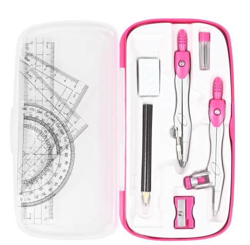 Vobou Math Geometry Kit Sets 10 Piece Student Supplies with Shatterproof Storage Box,Includes Rulers,Protractor,Compass,Eraser,Pencil Sharpener,Lead Refills,Pencil,for Drafting and Drawings（Pink）