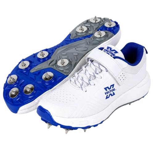KNK Cricket Shoes for Men & Boys, Lightweight TPU Training Shoes (Metal Spike - White Blue, US Footwear Size System, Adult, Men, Numeric, Medium, 12)