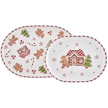 Bico Traditional Christmas Gingerbread Man Ceramic 16 inch plus 12 inch Ceramic Oval Platter, Set of 2, for Serving Turkey,