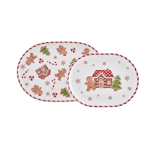 Bico Traditional Christmas Gingerbread Man Ceramic 16 inch plus 12 inch Ceramic Oval Platter, Set of 2, for Serving Turkey, Steak, Salad, Microwave & Dishwasher Safe