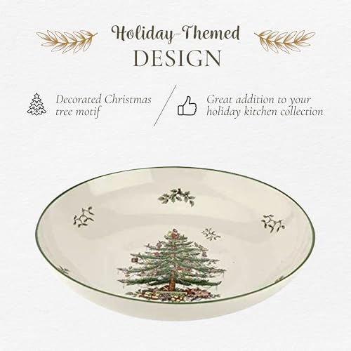 Spode Christmas Tree Pasta Bowl - Large 13-Inch Serving Bowl, Dishwasher, Microwave & Freezer Safe, Fine Porcelain, Holiday Tableware, Festive Dinnerware & Kitchenware, Green/Beige