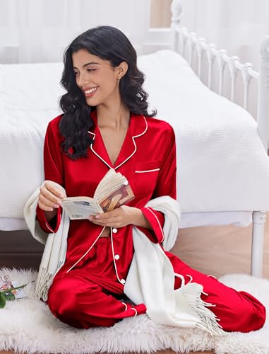 Image of Ekouaer Women's Classic Button Down Long Satin Silk Pajama Set