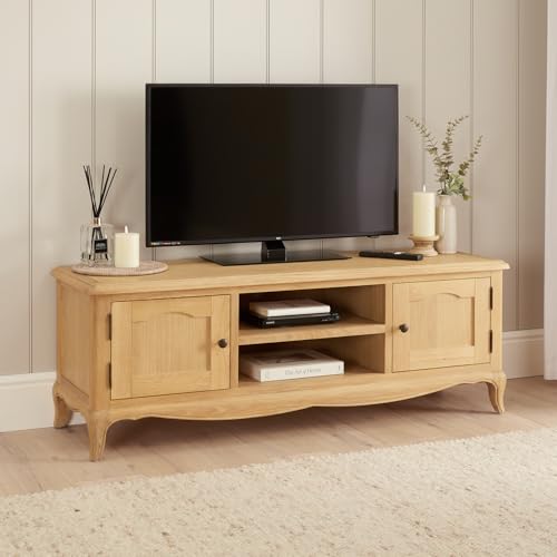 French Chateau Oak Large TV Stand | Solid Oak Media Unit | Hand-Carved Cabriole Legs | Adjustable Shelves | Fits TVs up to 65” | Natural Whitewashed Finish