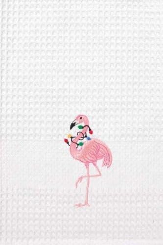 CFF Tropical Pink Flamingo Christmas Lights Embroidered Waffle Weave Kitchen Towel