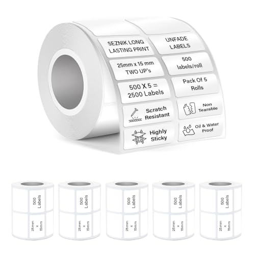 Image of Seznik Waterproof, Non-Tearable, Sticky Thermal Lables, Label Roll, 2 inch Adhesive Thermal Labels for Label Printers (25mmx15mm - 2500 Lables)