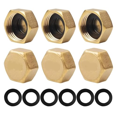 6 PCS 1/2 Inch Brass Blanking Caps - Female Thread Hex Brass Blanking Nut Cap with Gasket Plumbing Fittings for Washing Machines Radiator Valve Faucets Tap