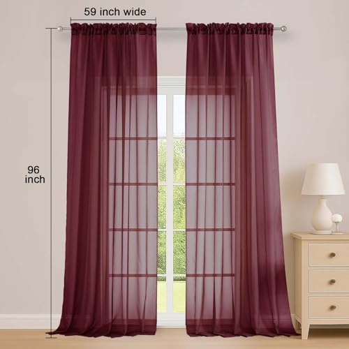 Image of OWENIE Sheer Curtains 2 Panels Set for Bedroom Living Room, Soft Solid Rod Pocket Light Filtering Window Treatment, 2Pcs Each 59 inch W x 96 inch L, Burgundy Wine