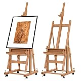 ATWORTH Deluxe Oak Wooden Easels for Painting Canvas, H-Frame Easel Stand with 4 Casters & Levelling
