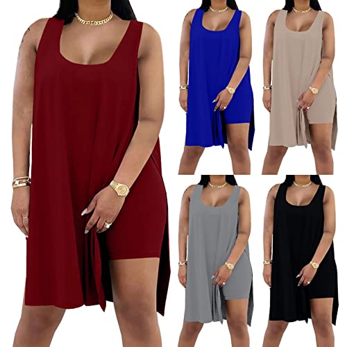 Axosy Women's Plus Size 2 Piece Outfits Sleeveless Tunic Tops And Bodycon Biker Shorts Sets Tracksuits Brown,Large #TOP7