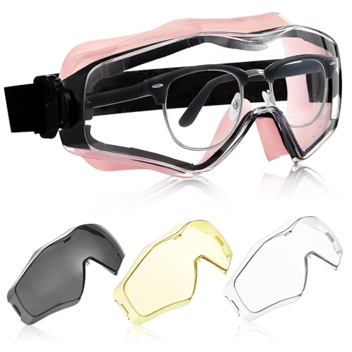 Copkim Airsoft Goggles over Glasses with 3 Lenses, ANSI Z87.1, Pink