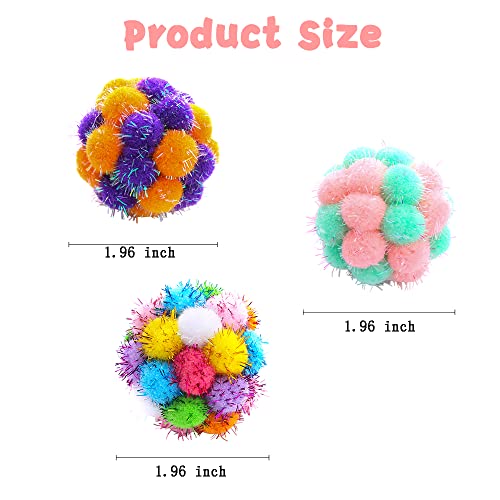 TUSATIY Bolas de brinquedos para gatos com sinos 3 peças, bolas coloridas de pompom, bolas brilhante