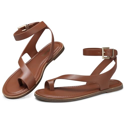 SHIBEVER Brown Sandals for Women Dressy Comfortable Strappy Flat Sandals