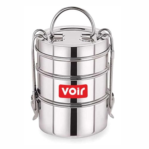 Image of Voir Stainless Steel Lunch Box /Tiffin with Locking Clip, Hot & Cold, Compact & Durable, Perfect for Office, School, Picnic and Travel use - Size 4x3 inches (3 Tier - 1200ml Capacity)