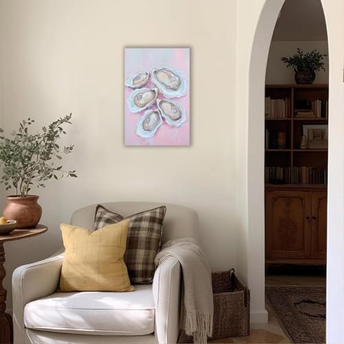 Image of Pastel Blue Oyster Shell Poster Abstract Beachy Shell Canvas Wall Art Trendy Colorful Coastal Shell Picture Prints Painting For Home Living Room Kitchen Restaurant Wall Decor 24x36in Framed