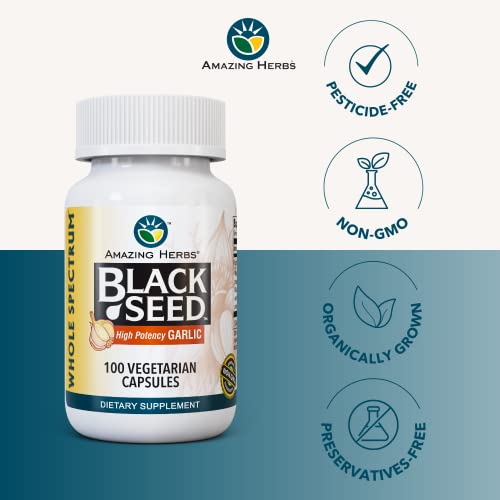 Amazing Herbs Whole Spectrum Black Seed & High Potency Garlic, Vegetarian Capsules - Gluten-Free, Non-Gmo, Vegan, Supports Immune System, Lung Function, & Cardiovascular Health - 100 Count #TOP1