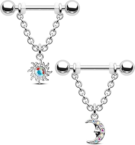 CM Crareesi Mania Nippelpiercing Chirurgenstahl Brustwarzenpiercing Schmuck baumeln Brustwarzenpiercing 14G Brustwarzenringe AB CZ Nippelschilder Ringe, Zirkonia mit Mond Stern Ketten