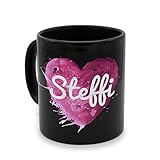 printplanet - Tasse Schwarz mit Namen Steffi - Motiv: Painted Heart - Namenstasse, Kaffeebecher, Mug, Becher, Kaffeetasse