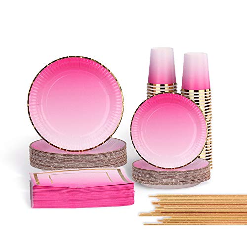 Ottin Ombre Rainbow Hot Pink Party Supplies 50-counts Disposable Paper Plates and Napkins Set for Birthday Wedding Bridal Baby Shower Engagement Mother's Day