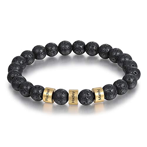 Personalized Stone Beads Bracelets for Men Women Lava Beads Bracelet Tiger Eye Beads Bracelet with Custom Name Engraved Bracelet for Fathers Day (Lava Stone, 2 Name)