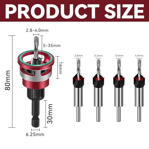 5 tlg Kegelsenker Bohrer Set, Bohrsenker mit tiefenanschlag, Senker Holzbohrer, Präzise Bohrungen mit 1/4 Hex Schaft, Senker Holzbohrer für Holzverarbeitung, Gleichmäßige Bohrungen Zu Erzielen