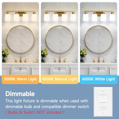 Image of Brushed Gold Bathroom Vanity Light,4-Light Bathroom Light Fixtures with Square Frosted Glass,Gold Bathroom Wall Lamp Sconces for Mirror Bedroom,Living Room Hallway,E26