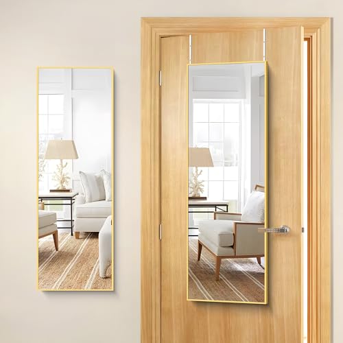COFENY Espejo de Puerta, Espejo de Puerta Colgante de Altura Ajustable con Ganchos 105 x 35 cm, Espejo Rectangular de Longitud Completa, Marco Dorado con Esquinas en Ángulo Recto para Dormitorio
