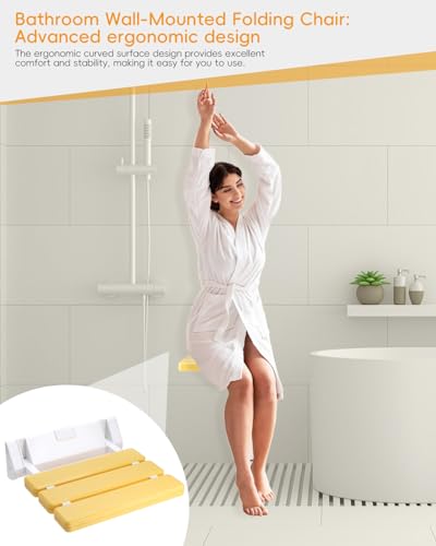 FreeTec Duschklappsitz Duschsitz Klappbar Wandmontage Belastbar bis 130kg Tragkraft Zusammenklappbar Duschhocker Dusche Sitzgelegenheit Stuhl Gelb