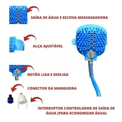 Mangueira Ducha Banho Pet Com Escova Massageadora 2 3m Silicone ABS Azul Economia Agua Cães Gatos