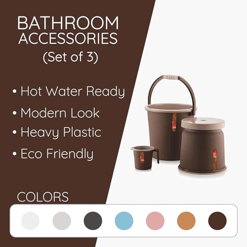 Image of Plastic Bathroom Set with Mug Patla /Stool | Bath Accessory Set (20 Liter Bucket+ 1 Liter Mug+Big Stool) (Dark Brown)