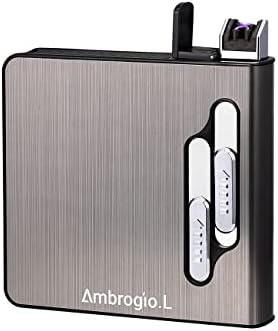 Ambrogio.L Full Pack 20 Regular Cigarettes Case Box Automatic Ejection Holder with Dual Arc Lighter USB Rechargeable, Flameless, Windproof,Moisture-Proof,Black