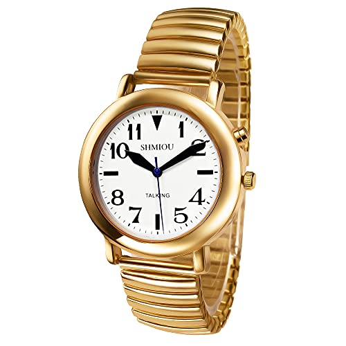 SHMIOU Englisch sprechende Armbanduhr Unisex für Sehbehinderte ältere Männer Frau The Blind Männer Damen Erweiterungsband Quarz mit Alarm, weißes Zifferblatt, gold, Modern Cover
