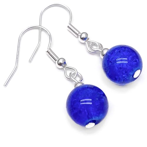 Image of Royal Blue Crackle Glass Bead Earrings, 10mm Round Beads on Nickel Free Silver Tone Hooks : 35mm long, Colourful Beaded Gift for Women