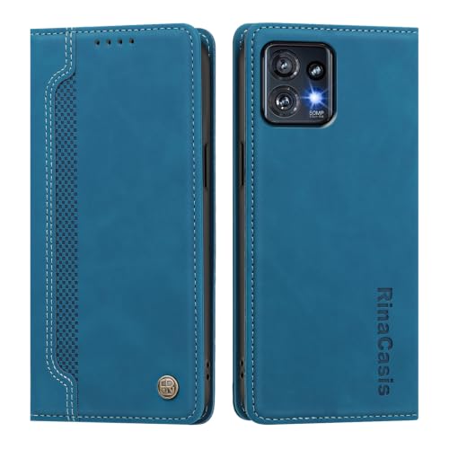 rongki Leather Case for Motorola Edge 40 Pro, Slim Fit Leather Folio Wallet Case with Magnetic Lock Card Holder Adjustable Kickstand Cover for Motorola Edge 40 Pro, Light Blue