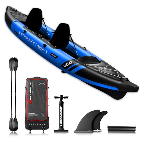 SKINHAWK Prestige Blue Kayak Set 400 – Barco inflable – Canoa – 400 x 96 cm – Kayak para 2 personas (juego con remo de fibra de vidrio)