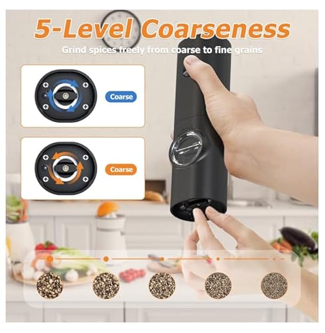 Electric Salt & Pepper Grinder Set, Adjustable Coarseness - Black & White 2-Pack
