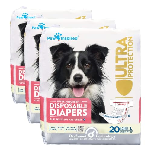 Image of Paw Inspired 20ct Disposable Dog Diapers | Female Dog Diapers Ultra Protection | Diapers for Dogs in Heat, Excitable Urination, or Incontinence (Large) (Pack of 3)