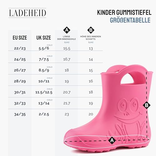 Ladeheid Eva federleichte Kinder Gummistiefel für Jungen und Mädchen Regenschuhe Bequeme und wasserdichte Regenstiefel Kinder LA-CA-01