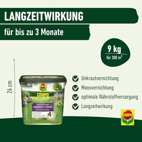 Foto von Rasendünger gegen Unkraut + Moos Komplett-Pflege, Rasendünger mit Unkrautvernichter, Moosvernichter, 3 Monate Langzeitwirkung 9 kg, für 300m²