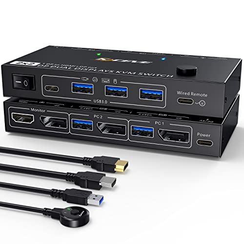 Image of DP KVM Switch Dual Monitor, MST SST 2 in 2 Out Displayport KVM Switcher Support Extend and Mirror Modes, HDMI and DP Monitor Output for 2 Computers 2 Monitors, Upgraded Version