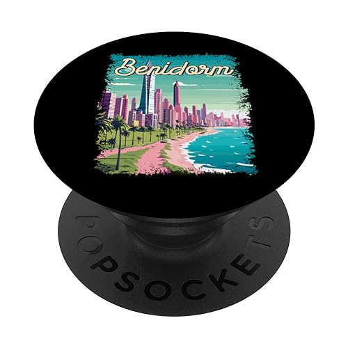 Benidorm Vacation Retro Landscape PopSockets Swappable PopGrip, Black