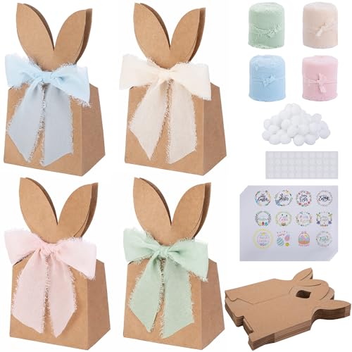 codree 36 Set Boho Bow Easter Bunny Treat Bags, Rustic Paper Rabbit Ears Goodie Bags Bulk, DIY Bunny Gift Boxes Baskets with Bow Ribbon Fur Balls Stickers for Spring Easter Party Favors