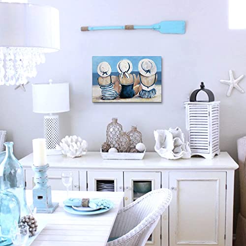 Beach Canvas Wall Art Girls Bathroom Decor Navy Blue And White Coastal Seascape Painting Artwork For Living Room Ocean Swimsuit Beauty Picture Prints Nautical Beach House Bedroom Home Decoration 16X24" #TOP2