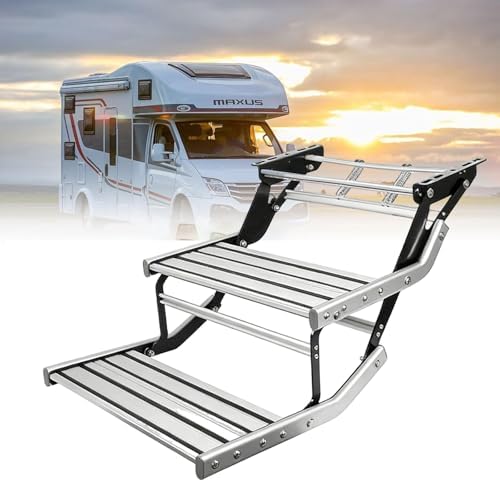 Foldable RV Steps, 1/2-Step Manual Retractable, 440 LBS Capacity, Ultra Wide Aluminum Pedals, Camper Steps with Non-Slip Rug, Lightweight Aluminum Alloy Design