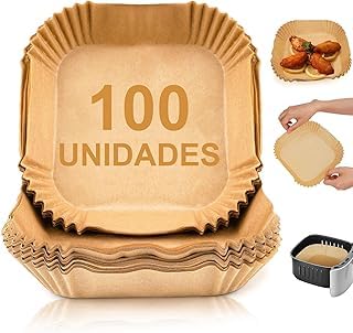 Kit 100 Formas de Papel Descartável Quadrada Antiaderente Premium Protetor à Prova De Gordura Para Fritadeira Sem Óleo Tamanho Universal Compatível com Todas Fritadeiras Air Fryer 20cm