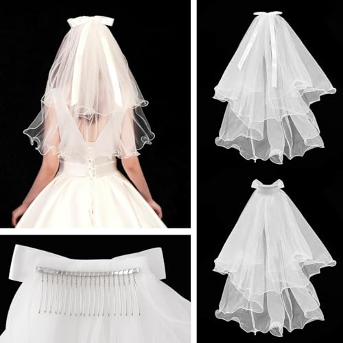 4 Pcs First Communion Veils Set 1st Communion Holy Veil with Hair Comb Gloves Sock Rosary Necklace First Communion Veil Wedding Hair Accessories for Kids Children4