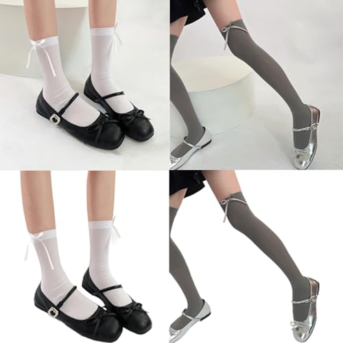 Women Ballet Velvets Over The Calf Long Socks Japanese Girl Sweet Ribbon Bowknot Thigh High Stockings Cosplay Hosiery2