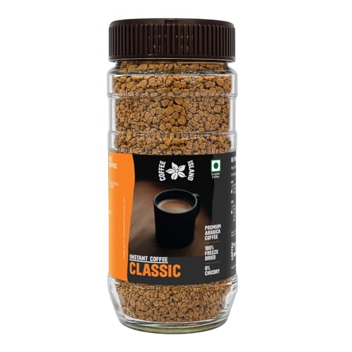 Image of Coffee Island Premium Instant Classic Coffee Jar (100 Gram) | 100% Arabica beans | 0% Chicory | Dark Roast | Freeze Dried Coffee Powder | Rich Bold Flavor for Hot & Iced Drinks | Make Cafe Style Hot or Cold Coffee, black Coffee, Cappuccino, Latte at Home | Easy to use at Home or Office