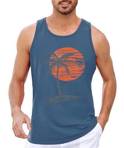 Runcati Débardeur imprimé pour homme - Sans manches - Pour le sport - Fitness - Gym - Entraînement - Coton respirant - T-shirt de bodybuilding, bleu, L