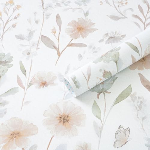 Ismoon Floral Peel and Stick Wallpaper Boho Wallpaper 17.3in x 32.8ft Pink and Green Contact Paper Watercolor Flower Removable Wall Paper for Bedroom Nursery Kitchen Girls Room Vinyl